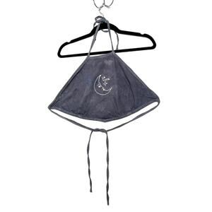 Brandy Melville Tie Back Dark Wash Denim Halter Top Moon La Luna Embroidery